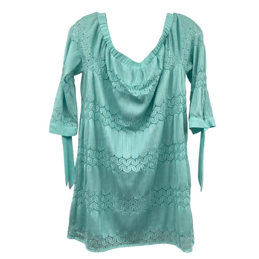 Entro Womens Mini Dress Off Shoulder 3/4 Bow Sleeve Embroidered Turquoise Small